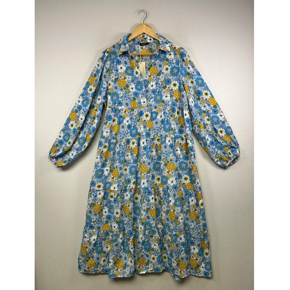 Floral Midi Shirt Dress in Blue and Yellow